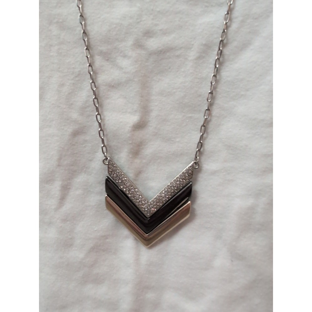 White House Black Market Chevron Necklace Lot Of 2 Silver Black Crystal - Picture 3 of 6
